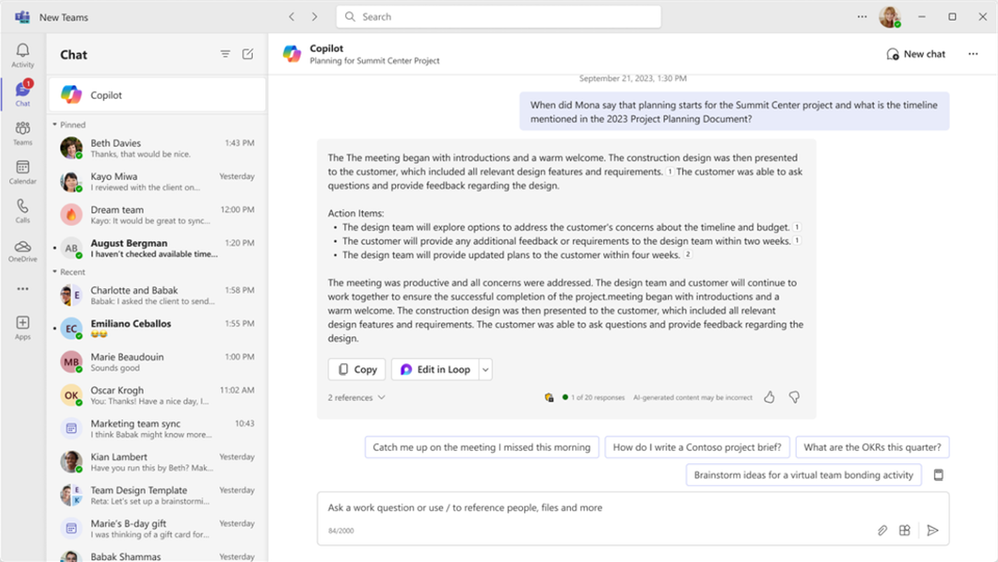 Screenshot of Microsoft Copilot in teams demonstration
